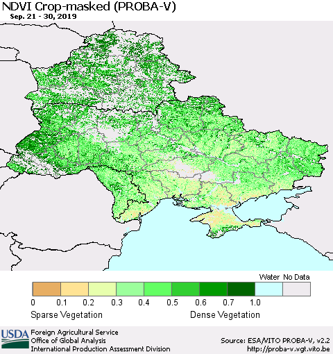 Ukraine, Moldova and Belarus NDVI Crop-masked (PROBA-V) Thematic Map For 9/21/2019 - 9/30/2019