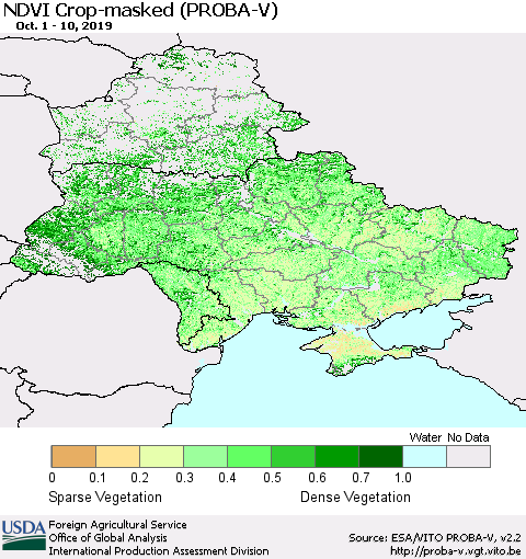 Ukraine, Moldova and Belarus NDVI Crop-masked (PROBA-V) Thematic Map For 10/1/2019 - 10/10/2019