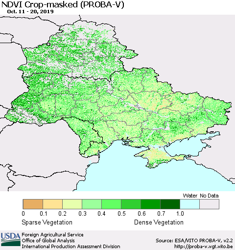 Ukraine, Moldova and Belarus NDVI Crop-masked (PROBA-V) Thematic Map For 10/11/2019 - 10/20/2019