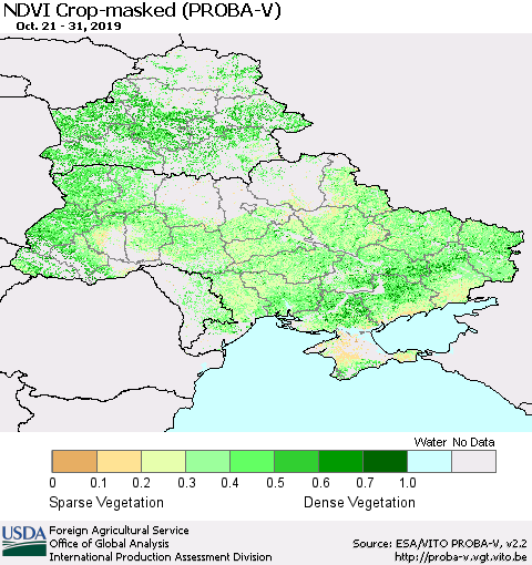 Ukraine, Moldova and Belarus NDVI Crop-masked (PROBA-V) Thematic Map For 10/21/2019 - 10/31/2019