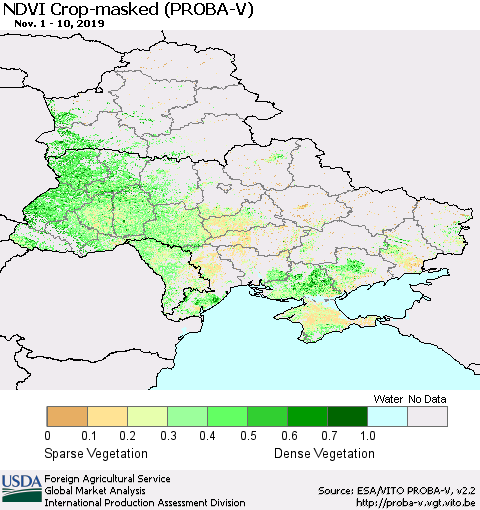 Ukraine, Moldova and Belarus NDVI Crop-masked (PROBA-V) Thematic Map For 11/1/2019 - 11/10/2019