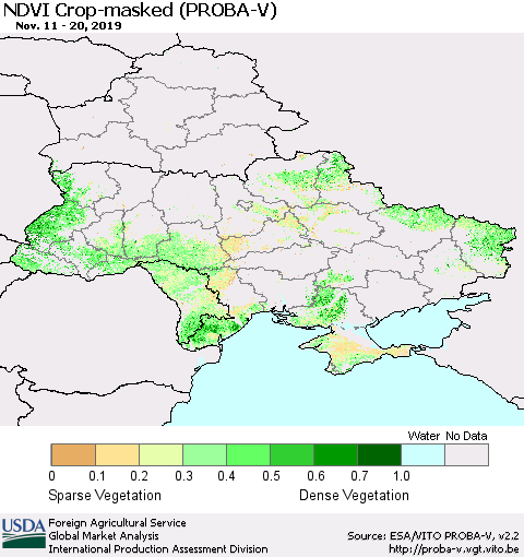Ukraine, Moldova and Belarus NDVI Crop-masked (PROBA-V) Thematic Map For 11/11/2019 - 11/20/2019