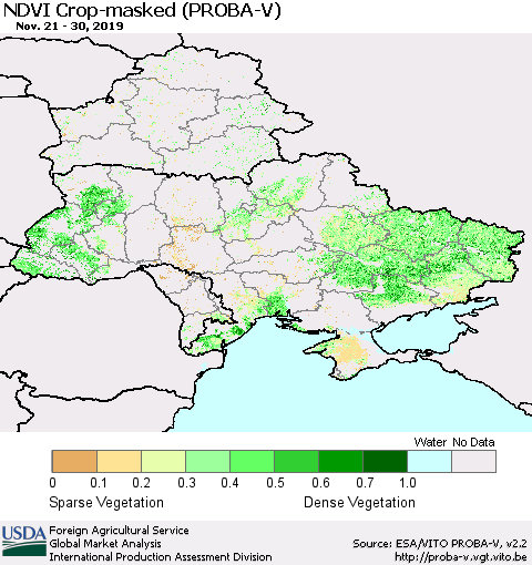 Ukraine, Moldova and Belarus NDVI Crop-masked (PROBA-V) Thematic Map For 11/21/2019 - 11/30/2019