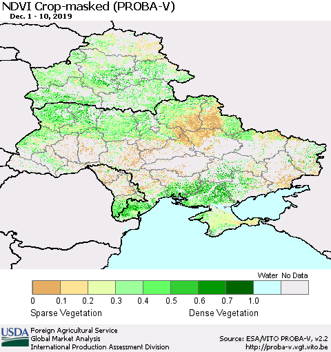 Ukraine, Moldova and Belarus NDVI Crop-masked (PROBA-V) Thematic Map For 12/1/2019 - 12/10/2019