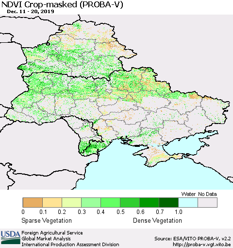 Ukraine, Moldova and Belarus NDVI Crop-masked (PROBA-V) Thematic Map For 12/11/2019 - 12/20/2019