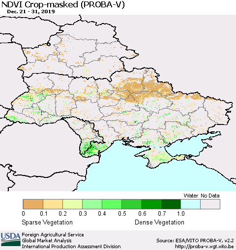 Ukraine, Moldova and Belarus NDVI Crop-masked (PROBA-V) Thematic Map For 12/21/2019 - 12/31/2019