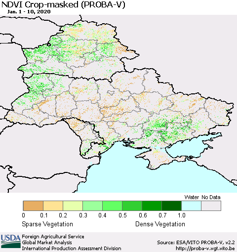 Ukraine, Moldova and Belarus NDVI Crop-masked (PROBA-V) Thematic Map For 1/1/2020 - 1/10/2020