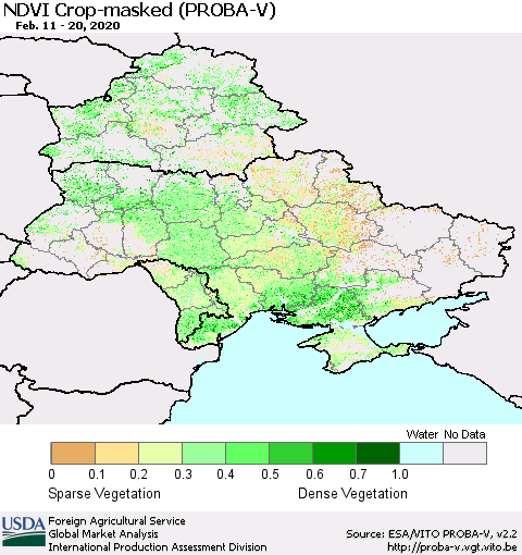 Ukraine, Moldova and Belarus NDVI Crop-masked (PROBA-V) Thematic Map For 2/11/2020 - 2/20/2020