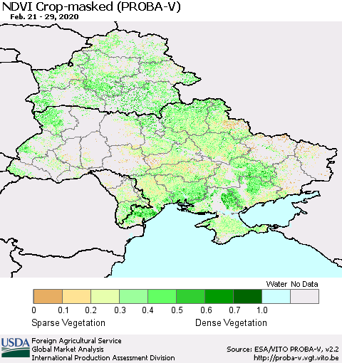 Ukraine, Moldova and Belarus NDVI Crop-masked (PROBA-V) Thematic Map For 2/21/2020 - 2/29/2020
