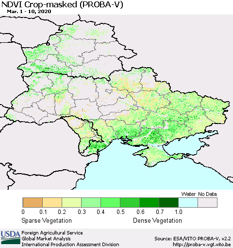 Ukraine, Moldova and Belarus NDVI Crop-masked (PROBA-V) Thematic Map For 3/1/2020 - 3/10/2020