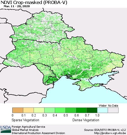 Ukraine, Moldova and Belarus NDVI Crop-masked (PROBA-V) Thematic Map For 3/11/2020 - 3/20/2020