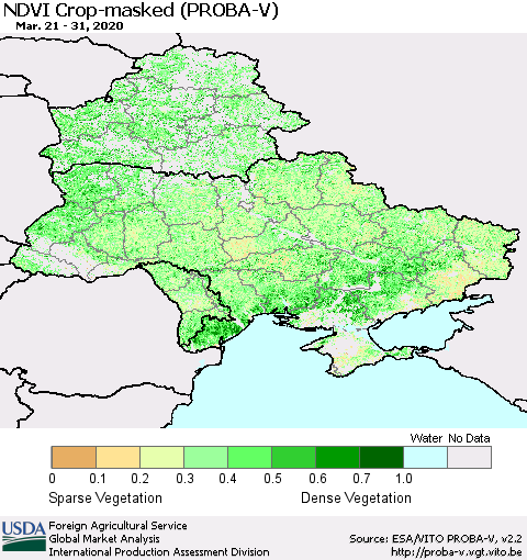 Ukraine, Moldova and Belarus NDVI Crop-masked (PROBA-V) Thematic Map For 3/21/2020 - 3/31/2020