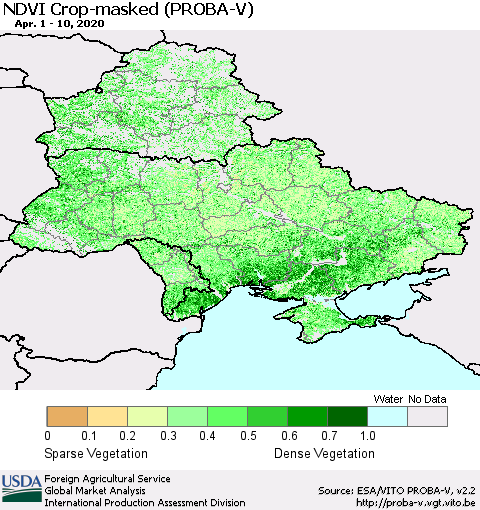 Ukraine, Moldova and Belarus NDVI Crop-masked (PROBA-V) Thematic Map For 4/1/2020 - 4/10/2020