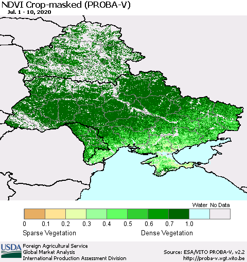 Ukraine, Moldova and Belarus NDVI Crop-masked (PROBA-V) Thematic Map For 7/1/2020 - 7/10/2020