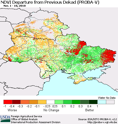 Ukraine, Moldova and Belarus NDVI Departure from Previous Dekad (PROBA-V) Thematic Map For 11/1/2018 - 11/10/2018