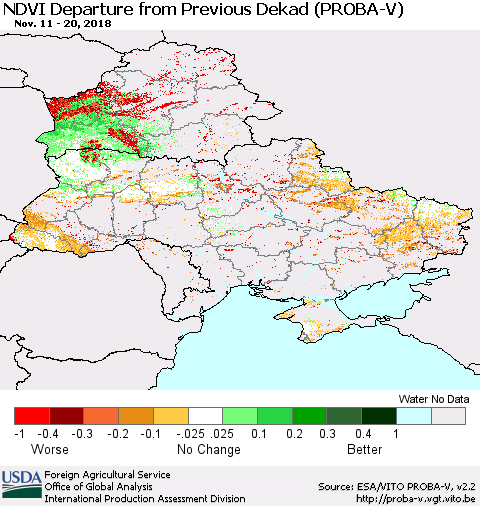 Ukraine, Moldova and Belarus NDVI Departure from Previous Dekad (PROBA-V) Thematic Map For 11/11/2018 - 11/20/2018