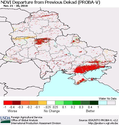 Ukraine, Moldova and Belarus NDVI Departure from Previous Dekad (PROBA-V) Thematic Map For 11/21/2018 - 11/30/2018