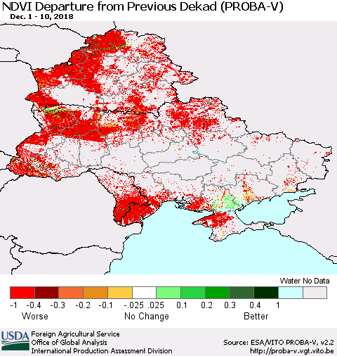 Ukraine, Moldova and Belarus NDVI Departure from Previous Dekad (PROBA-V) Thematic Map For 12/1/2018 - 12/10/2018
