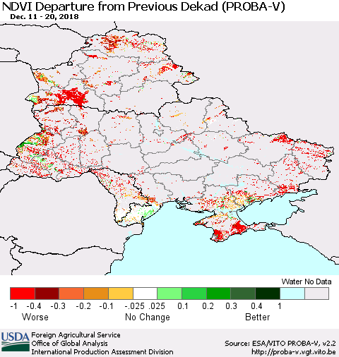 Ukraine, Moldova and Belarus NDVI Departure from Previous Dekad (PROBA-V) Thematic Map For 12/11/2018 - 12/20/2018