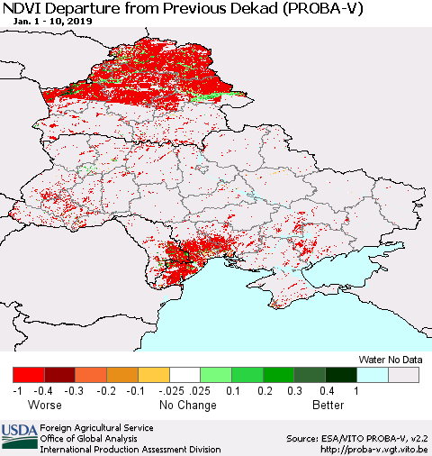 Ukraine, Moldova and Belarus NDVI Departure from Previous Dekad (PROBA-V) Thematic Map For 1/1/2019 - 1/10/2019