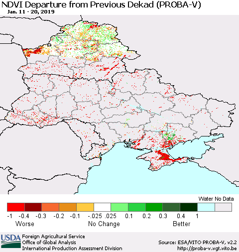 Ukraine, Moldova and Belarus NDVI Departure from Previous Dekad (PROBA-V) Thematic Map For 1/11/2019 - 1/20/2019