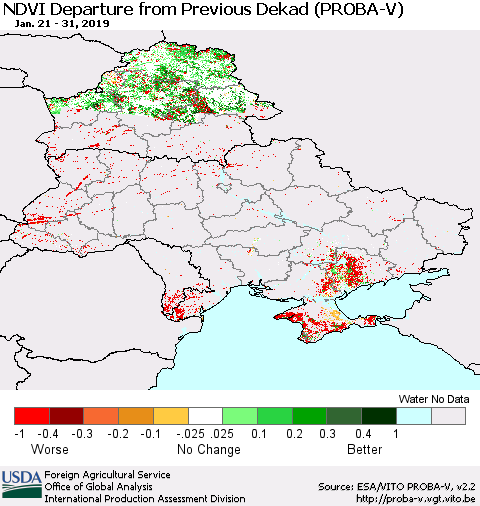 Ukraine, Moldova and Belarus NDVI Departure from Previous Dekad (PROBA-V) Thematic Map For 1/21/2019 - 1/31/2019