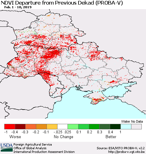 Ukraine, Moldova and Belarus NDVI Departure from Previous Dekad (PROBA-V) Thematic Map For 2/1/2019 - 2/10/2019