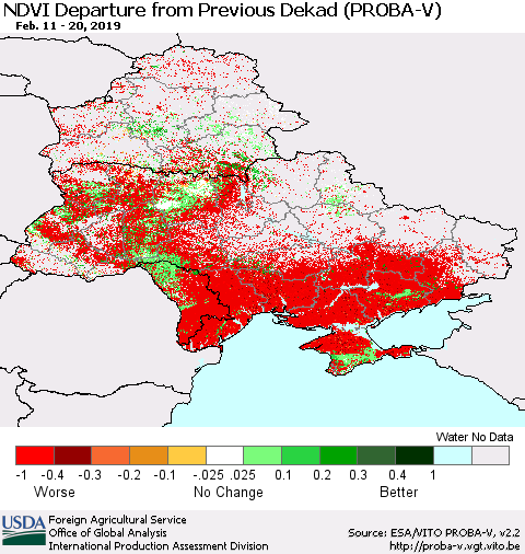 Ukraine, Moldova and Belarus NDVI Departure from Previous Dekad (PROBA-V) Thematic Map For 2/11/2019 - 2/20/2019