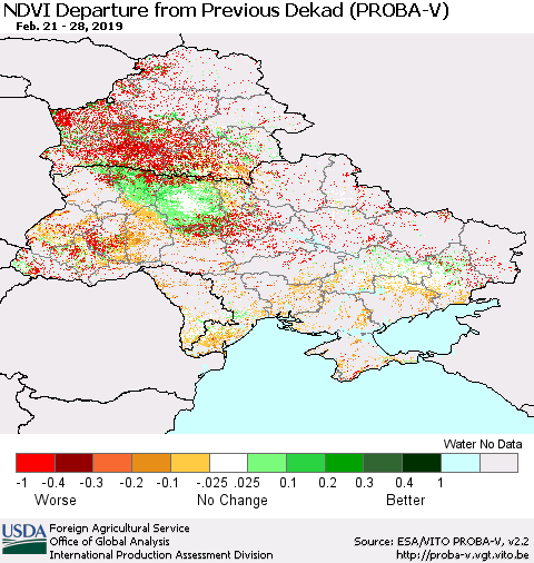 Ukraine, Moldova and Belarus NDVI Departure from Previous Dekad (PROBA-V) Thematic Map For 2/21/2019 - 2/28/2019