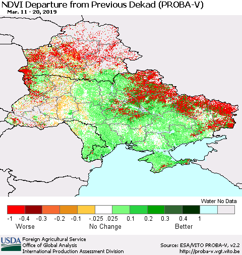 Ukraine, Moldova and Belarus NDVI Departure from Previous Dekad (PROBA-V) Thematic Map For 3/11/2019 - 3/20/2019