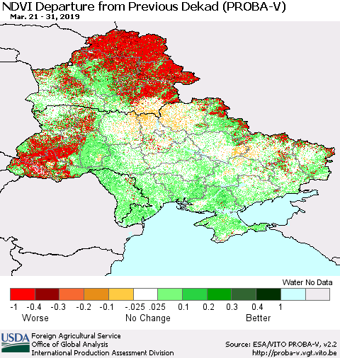 Ukraine, Moldova and Belarus NDVI Departure from Previous Dekad (PROBA-V) Thematic Map For 3/21/2019 - 3/31/2019