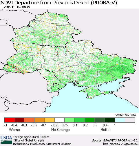 Ukraine, Moldova and Belarus NDVI Departure from Previous Dekad (PROBA-V) Thematic Map For 4/1/2019 - 4/10/2019