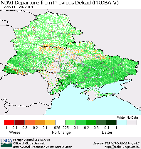 Ukraine, Moldova and Belarus NDVI Departure from Previous Dekad (PROBA-V) Thematic Map For 4/11/2019 - 4/20/2019