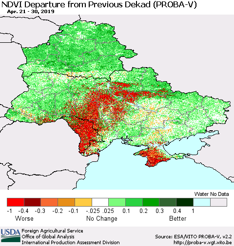 Ukraine, Moldova and Belarus NDVI Departure from Previous Dekad (PROBA-V) Thematic Map For 4/21/2019 - 4/30/2019