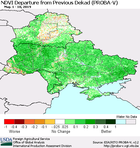 Ukraine, Moldova and Belarus NDVI Departure from Previous Dekad (PROBA-V) Thematic Map For 5/1/2019 - 5/10/2019