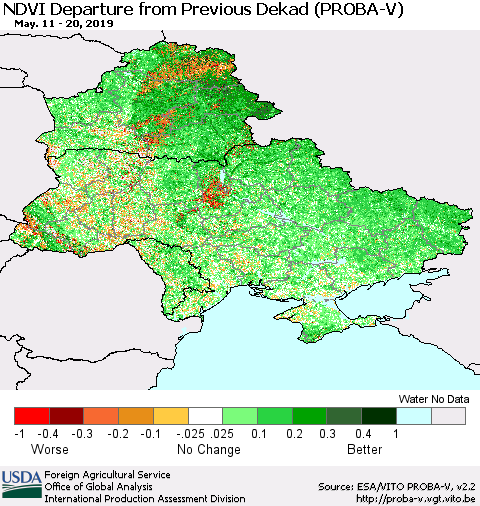 Ukraine, Moldova and Belarus NDVI Departure from Previous Dekad (PROBA-V) Thematic Map For 5/11/2019 - 5/20/2019