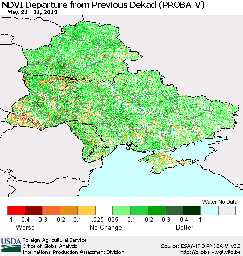 Ukraine, Moldova and Belarus NDVI Departure from Previous Dekad (PROBA-V) Thematic Map For 5/21/2019 - 5/31/2019