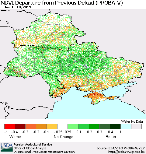 Ukraine, Moldova and Belarus NDVI Departure from Previous Dekad (PROBA-V) Thematic Map For 6/1/2019 - 6/10/2019