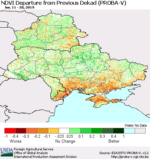 Ukraine, Moldova and Belarus NDVI Departure from Previous Dekad (PROBA-V) Thematic Map For 6/11/2019 - 6/20/2019
