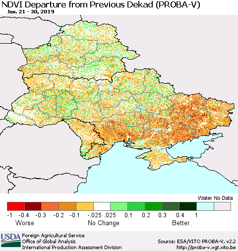 Ukraine, Moldova and Belarus NDVI Departure from Previous Dekad (PROBA-V) Thematic Map For 6/21/2019 - 6/30/2019