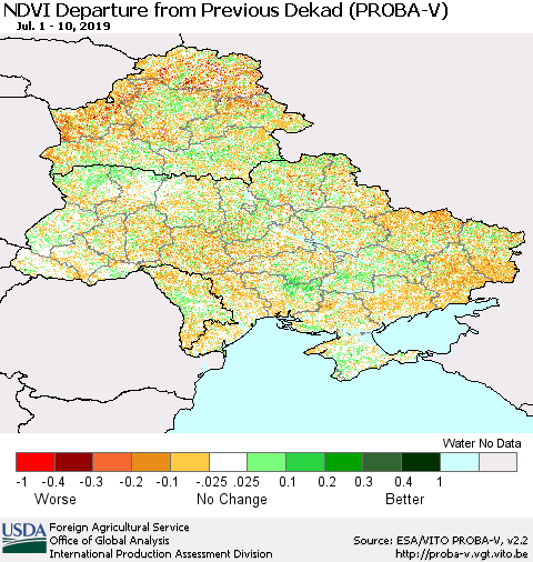 Ukraine, Moldova and Belarus NDVI Departure from Previous Dekad (PROBA-V) Thematic Map For 7/1/2019 - 7/10/2019