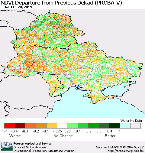 Ukraine, Moldova and Belarus NDVI Departure from Previous Dekad (PROBA-V) Thematic Map For 7/11/2019 - 7/20/2019