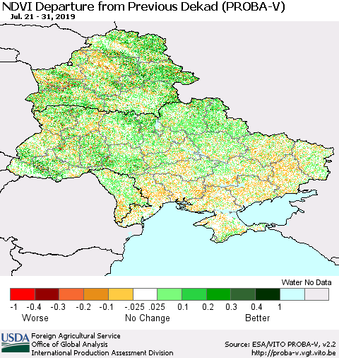Ukraine, Moldova and Belarus NDVI Departure from Previous Dekad (PROBA-V) Thematic Map For 7/21/2019 - 7/31/2019
