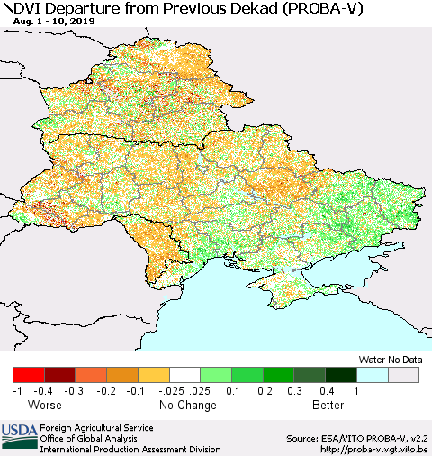 Ukraine, Moldova and Belarus NDVI Departure from Previous Dekad (PROBA-V) Thematic Map For 8/1/2019 - 8/10/2019