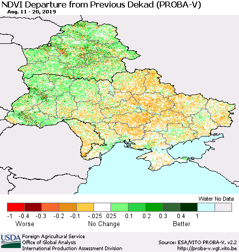Ukraine, Moldova and Belarus NDVI Departure from Previous Dekad (PROBA-V) Thematic Map For 8/11/2019 - 8/20/2019