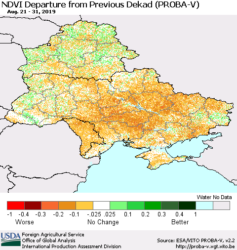 Ukraine, Moldova and Belarus NDVI Departure from Previous Dekad (PROBA-V) Thematic Map For 8/21/2019 - 8/31/2019