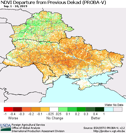 Ukraine, Moldova and Belarus NDVI Departure from Previous Dekad (PROBA-V) Thematic Map For 9/1/2019 - 9/10/2019