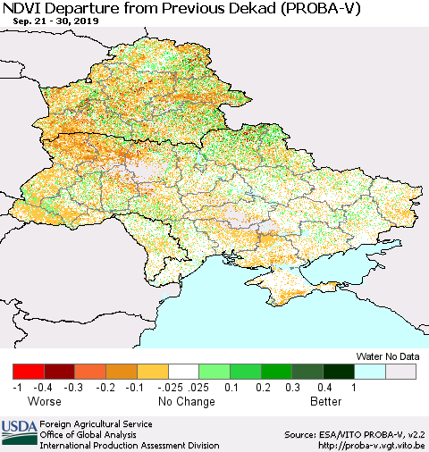 Ukraine, Moldova and Belarus NDVI Departure from Previous Dekad (PROBA-V) Thematic Map For 9/21/2019 - 9/30/2019