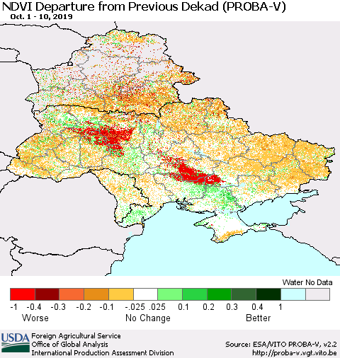 Ukraine, Moldova and Belarus NDVI Departure from Previous Dekad (PROBA-V) Thematic Map For 10/1/2019 - 10/10/2019