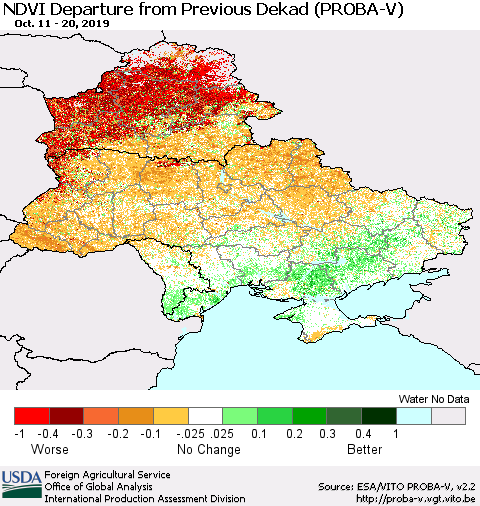 Ukraine, Moldova and Belarus NDVI Departure from Previous Dekad (PROBA-V) Thematic Map For 10/11/2019 - 10/20/2019